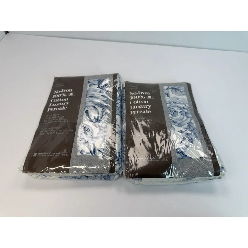 West Point Pepperell 4 - King Size Pillowcases Combed Cotton Whit Blue Floral